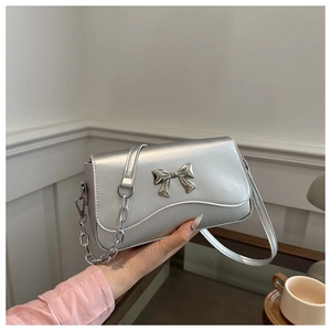 Close-up of silver crossbody bag featuring a butterfly buckle and chain strap detail