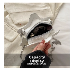 Internal compartment view showing capacity for cosmetics in star-shaped white chain bag