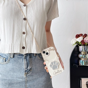 Crossbody phone case with cat paw mirror, card holder, and gold chain strap for iPhone