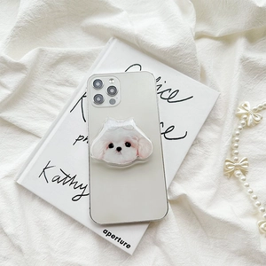 Cute white Maltese dog phone grip with transparent bow on white smartphone back