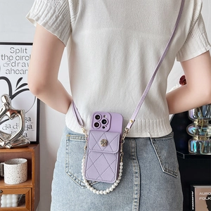 Lavender quilted phone case with metal rose, leather strap and pearl chain detail
