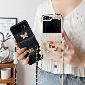 Crossbody Flip Phone Case Wallet Quilted Leather Butterfly Lock Artificial Pearl Metal Chain Luxury Fashion Women