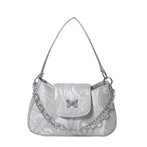 Silver underarm bag with marble water ripple texture and a butterfly metal buckle