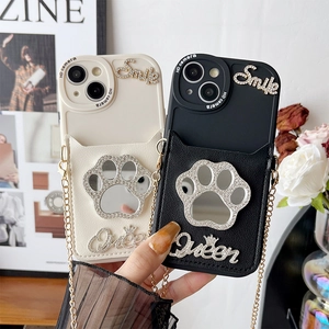 Crossbody iPhone case with cat paw mirror, card holder, rhinestone detail and metal chain