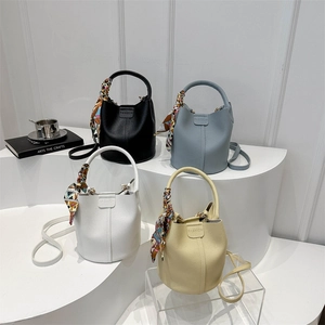 Fashionable large bucket bags in four colors with lychee pattern leather and silk scarves