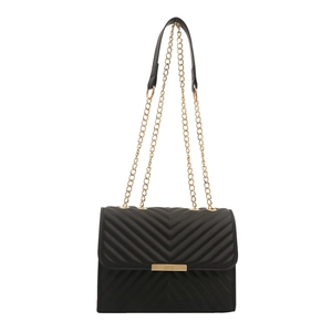 Minimalist black quilted crossbody bag with gold chain strap and elegant V-shaped stitching