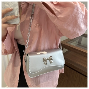 Detail of silver flap bag with butterfly metal buckle and elegant chain shoulder strap