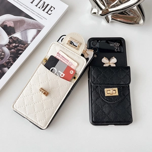 Macro view of Samsung Galaxy Z Flip phone case with quilted texture and card holder