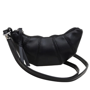 Mini black leather croissant shoulder bag with pleated details and thin strap design