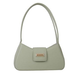Sage green French style baguette bag with smooth PU leather and gold metal buckle