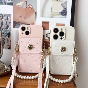 Quilted leather iPhone case with floral metal buckle and pearl shoulder strap set