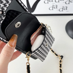 Houndstooth wallet phone case with gold metal chain and pearl handle for Samsung Z Flip