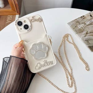 Crossbody phone case with rhinestone cat paw mirror and chain strap for iPhone