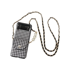 Houndstooth wallet phone case for Samsung Z Flip with crossbody chain and pearls