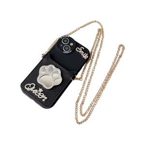 Black iPhone crossbody case with cat paw mirror, card holder, rhinestones and gold chain