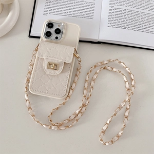 Cream iPhone crossbody case with quilted card holder wallet and gold metal chain strap