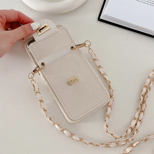 Macro detail of off-white quilted leather phone case with buckle wallet and chain