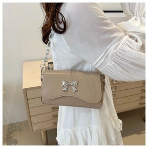 Close-up of beige leather bag with silver butterfly clasp and chunky chain strap