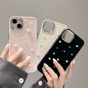 Silicone iPhone case with 3D pearls and silver plating camera frame in pink, white, and black