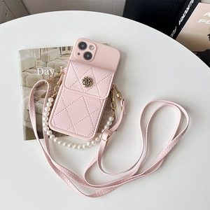 Pink quilted wallet phone case for iPhone with metal rose buckle and pearl strap