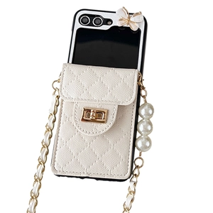 Quilted white leather crossbody case for Samsung Z Flip series with pearl charm and chain