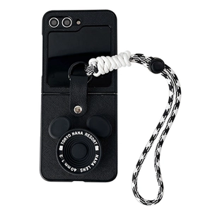 Litchi pattern leather case for Samsung Z Flip with cartoon ears and lanyard