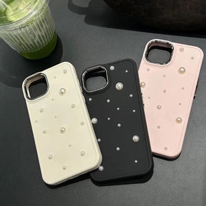 Detail of luxury silicone phone cases with pearl decor for iPhone in three colors