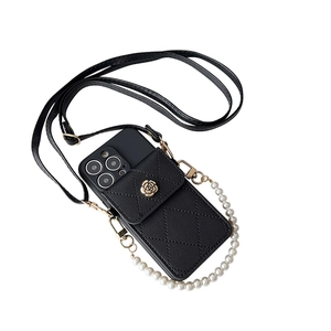 Black leather iPhone case with quilted wallet, gold rose metal buckle and pearl strap