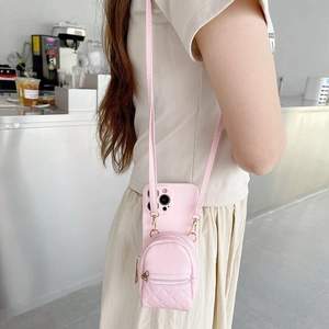 Pink iPhone crossbody case with mini backpack coin purse and stylish shoulder strap