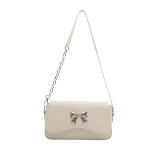 Minimalist beige crossbody bag with silver butterfly buckle and chain strap
