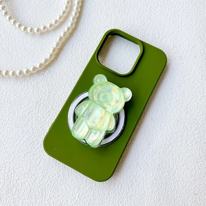 Olive green matte iPhone case featuring a 3D aurora laser bear phone grip holder