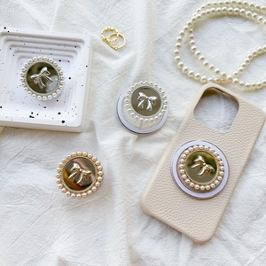 Phone Grip Stand With Mirror Bowknot And Faux Artificial Pearl Alloy Magnetic Adhesive Expanding Griptok For Smartphones