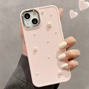 Pink silicone iPhone case with pearl inlay detail shown in a hand-held lifestyle shot