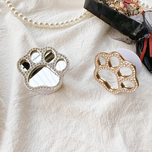 Sparkling rhinestone cat claw phone grip and makeup mirror with gold and silver finish