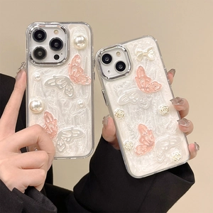 Coque Téléphone Papillon Künstliche Perle 3D Rose Élégant Décor Fleur Noeud TPU Souple Style Doux
