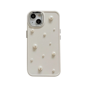 Elegant cream white iPhone case with faux pearl decoration and silver camera frame