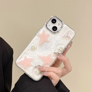 Pink star and white rose relief iPhone case with pearlescent finish and silver edges