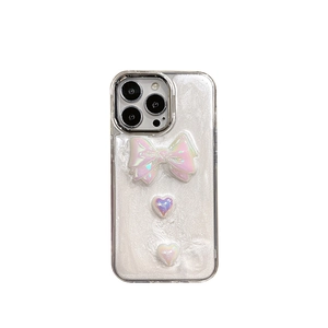 Iridescent pearl white iPhone case with 3D pink bow and glitter finish for women