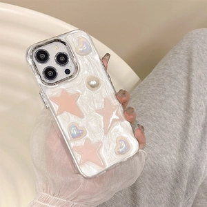 Pink star and heart phone case for iPhone Pro Max with pearl shell texture and 3D charms