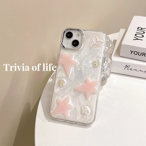 Detail of pink stars and white roses on a pearlescent iPhone case with wavy edges