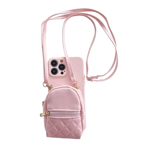 Pink mini backpack phone case with crossbody strap for iPhone, featuring a quilted design