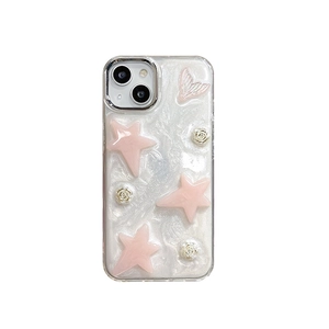 Pearlescent white phone case with pink stars and silver roses for iPhone 13 14 15