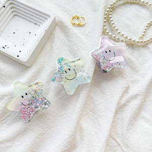 Star-shaped glitter phone grips with smiley face, quicksand sequins and pearl beads