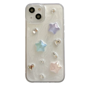 White pearlescent iPhone case with colorful 3D stars and sparkling faux rhinestones