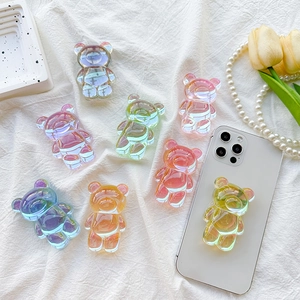 Chic laser holographic bear phone grip with 8 colorful gradient resin bear stands