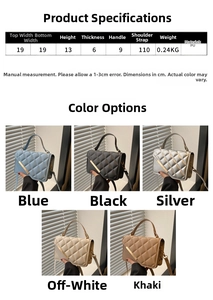 Size guide for quilted PU crossbody bag showing dimensions for five stylish colors