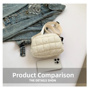 Détail d'un sac bandoulière blanc matelassé à côté d'un smartphone pour comparer la taille