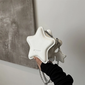 White star-shaped crossbody bag with silver chain strap and fashion logo print