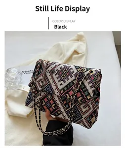 Detail view of colorful geometric tweed weave on flap bag with gold chain strap