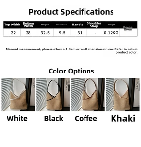 Size chart showing dimensions and colors of the handmade woven straw bucket shoulder bag